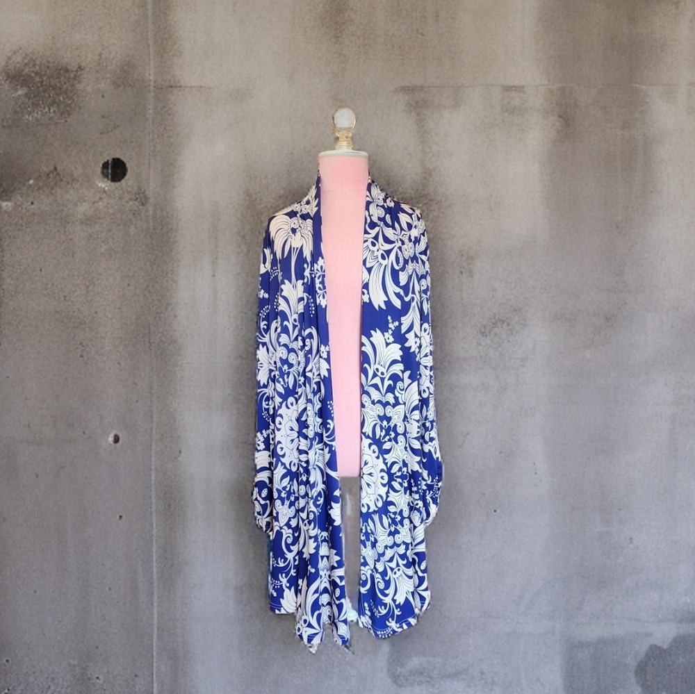 Lily Navy and Beige Damask Ruched Open Cardigan Sz 1X